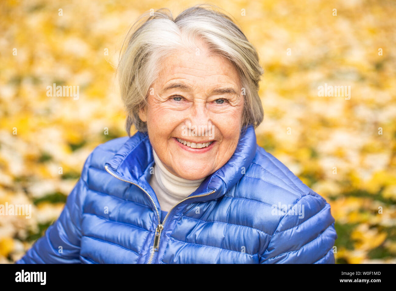 Retrato de una mujer smilling bastante altos frente hojas amarillas. Foto de stock