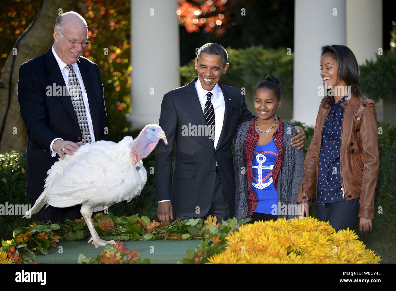 El presidente Barack Obama comparte un reír con sus hijas Sasha y Malia (R)  como perdona Nacional Zapatero, el pavo de Acción de Gracias, en el jardín  de rosas de la Casa