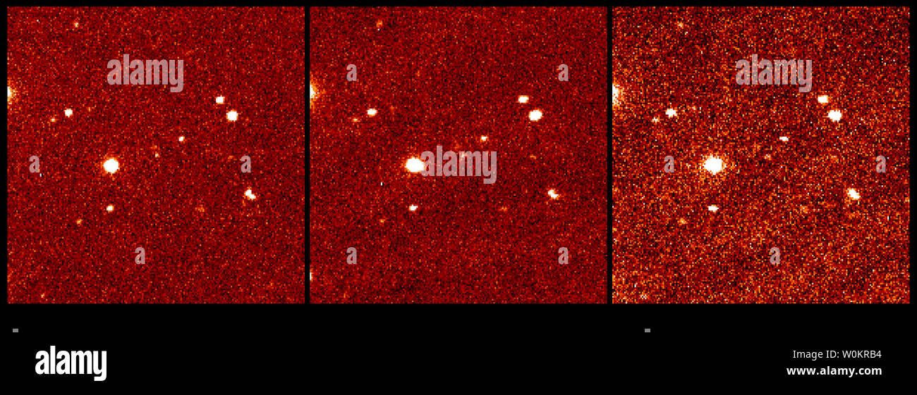 Investigadores financiados por la NASA han descubierto el objeto más distante en órbita alrededor de la Tierra al Sol, el 15 de marzo de 2004. El objeto es un misterioso cuerpo tipo planeta, que está tres veces más lejano de la Tierra que Plutón. Estos tres paneles muestran la primera detección de la débil objeto distante Apodado 'Sedna', que se encuentra en el centro exacto de la imagen. Imagina en noviembre 14th, 2003 de 6:32 a 9:38 Hora Universal, Sedna fue identificado por el ligero cambio en la posición observada en estas tres imágenes tomadas en diferentes momentos. Observaciones posteriores en intervalos de tiempo más largos proporcionan la información necesaria para deducir la nat Foto de stock