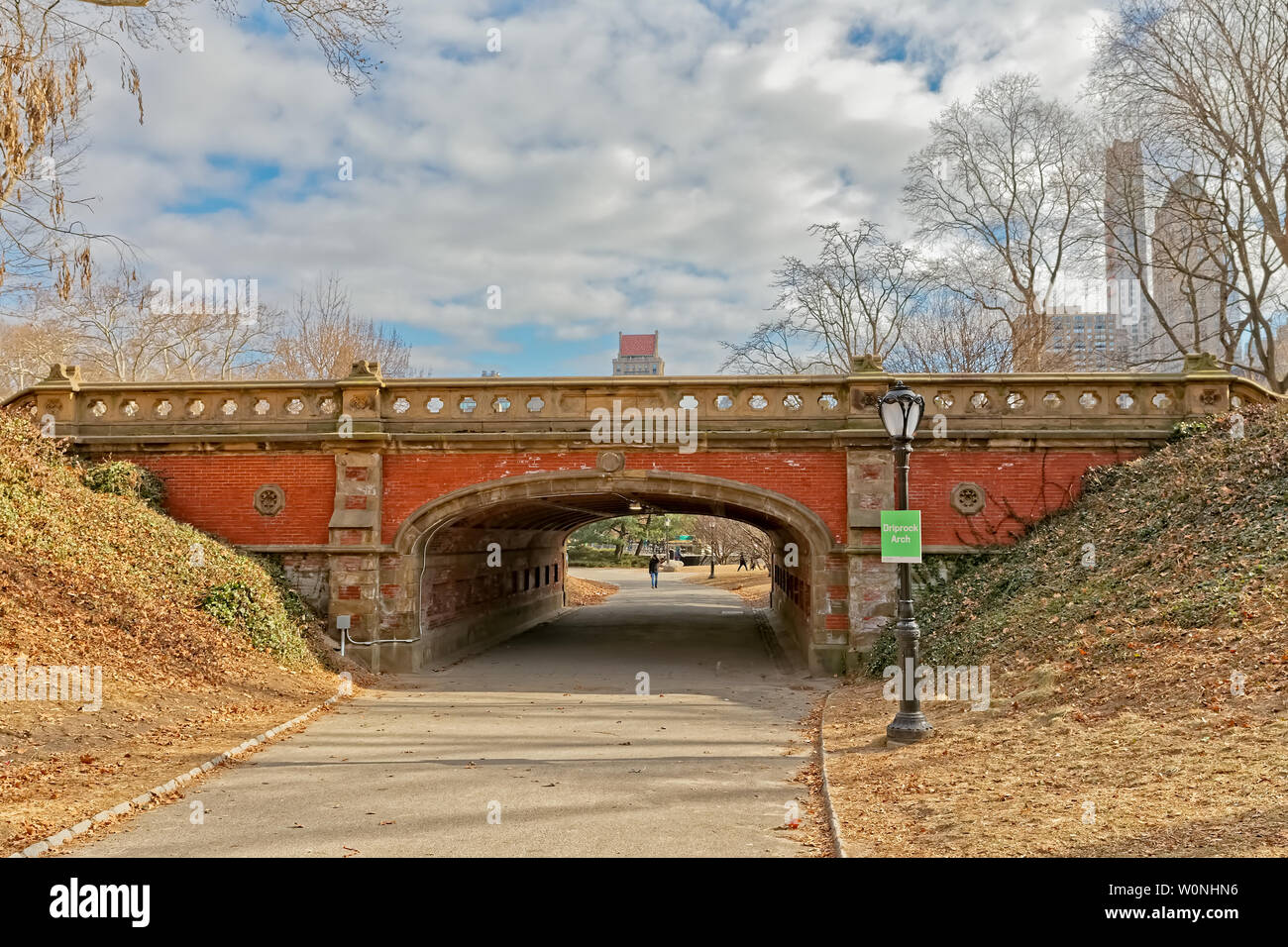 New York Central Park Puente Driprock Arch en invierno Foto de stock