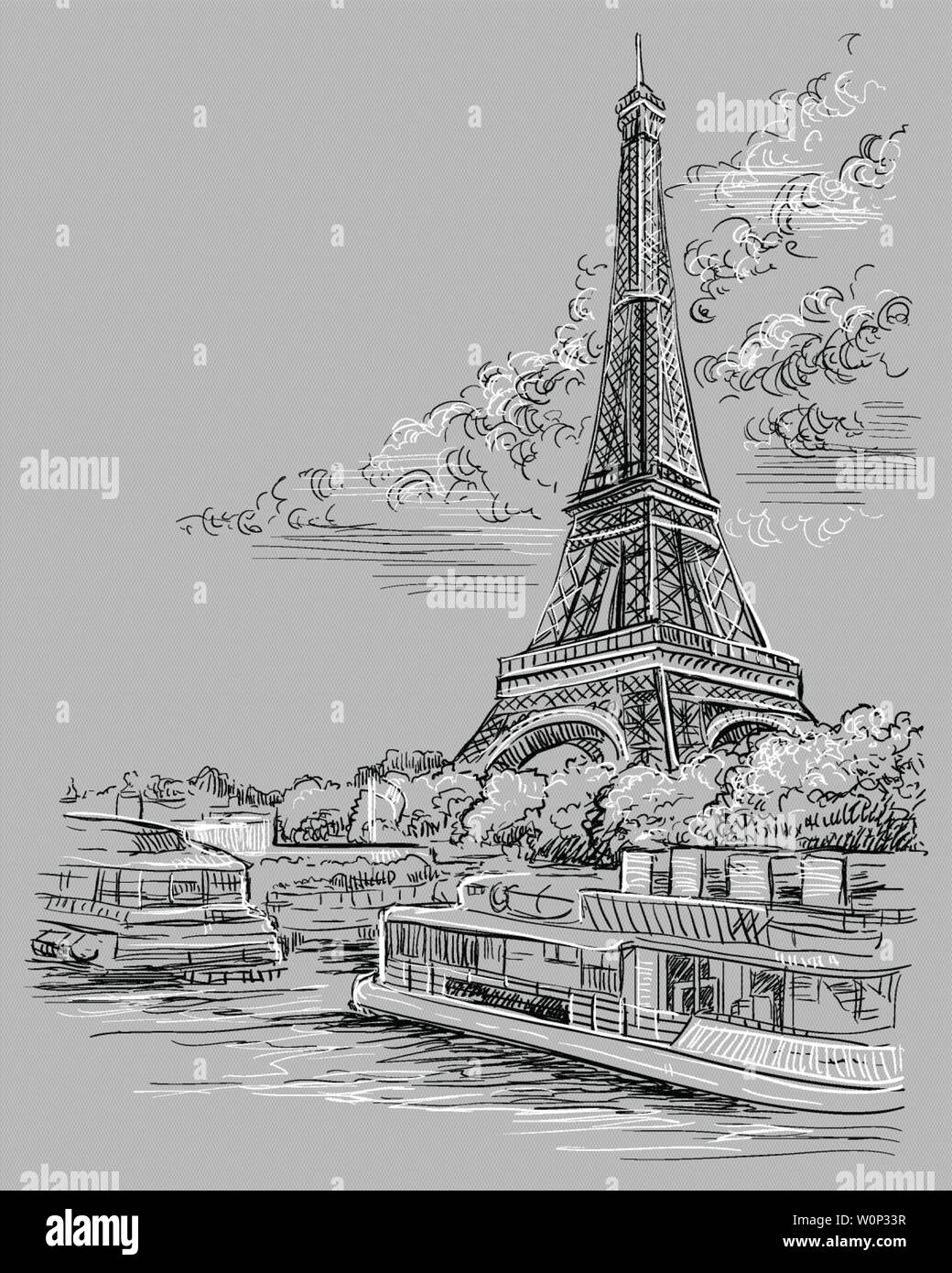 Dibujo a mano ilustración vectorial de la Torre Eiffel (París, Francia).  Hito de París. Paisaje con vista a la Torre Eiffel, el río Sena terraplén.  Vect Imagen Vector de stock - Alamy