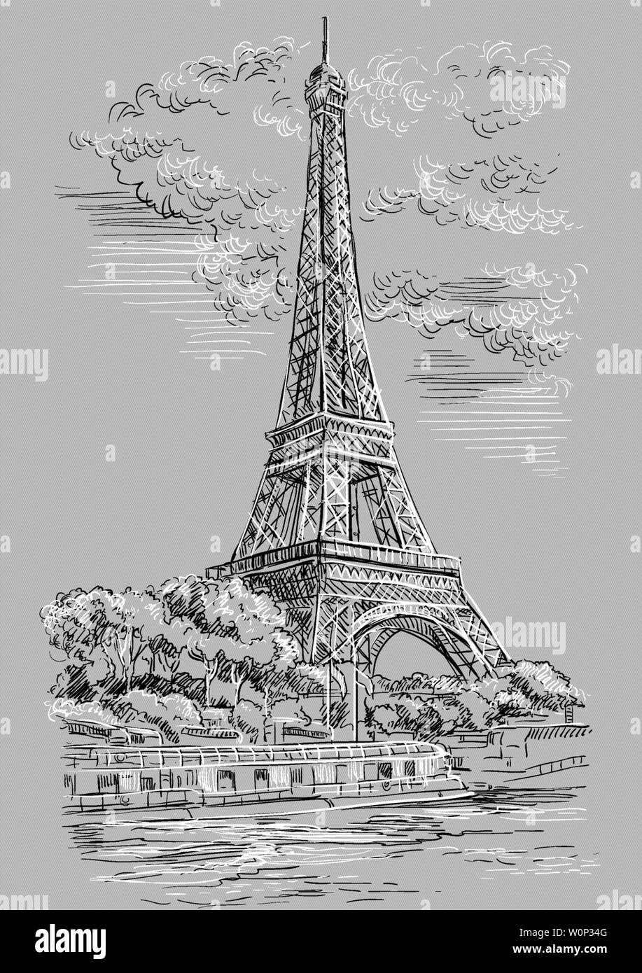 Dibujo a mano ilustración vectorial de la Torre Eiffel (París, Francia).  Hito de París. Paisaje con vista a la Torre Eiffel, el río Sena terraplén.  Vect Imagen Vector de stock - Alamy