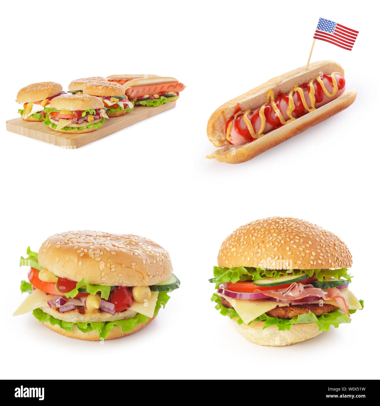 Basura collage de comida rápida de hamburguesas, sándwiches y perritos