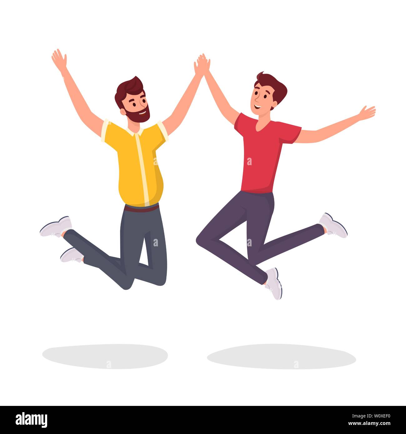 Dos estudiantes saltando flat ilustración vectorial. Emocionados,  sonrientes de hombres jóvenes, trabajadores de oficina, compañeros,  hermanos, pareja gay personajes de dibujos animados. Amigos celebrando el  éxito de la elemento de diseño aislado