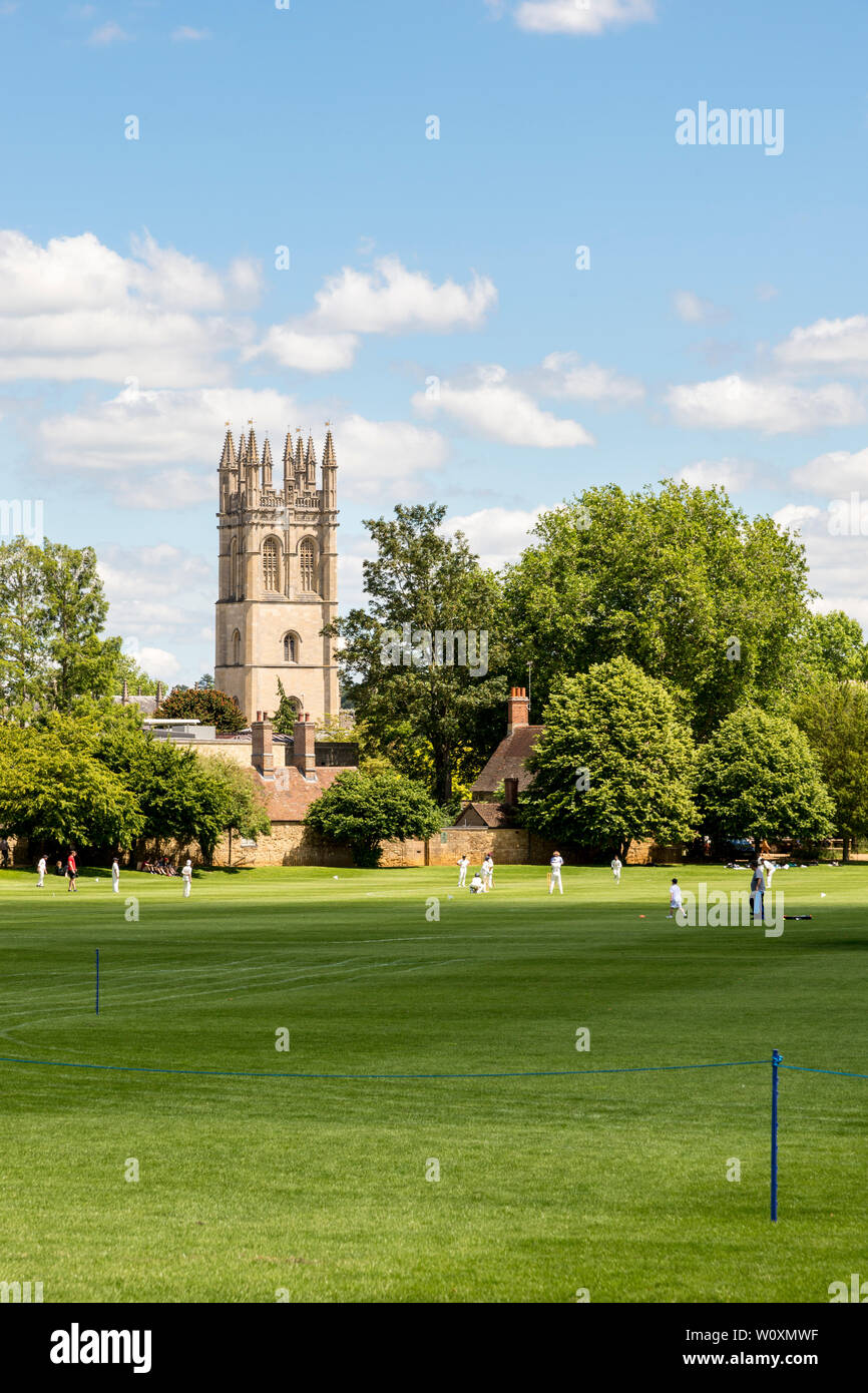 Muy luminosas Magdalen Tower visto a través de la Iglesia de Cristo de praderas campos de juego en un hermoso día de verano en la famosa ciudad universitaria de Oxford. Foto de stock