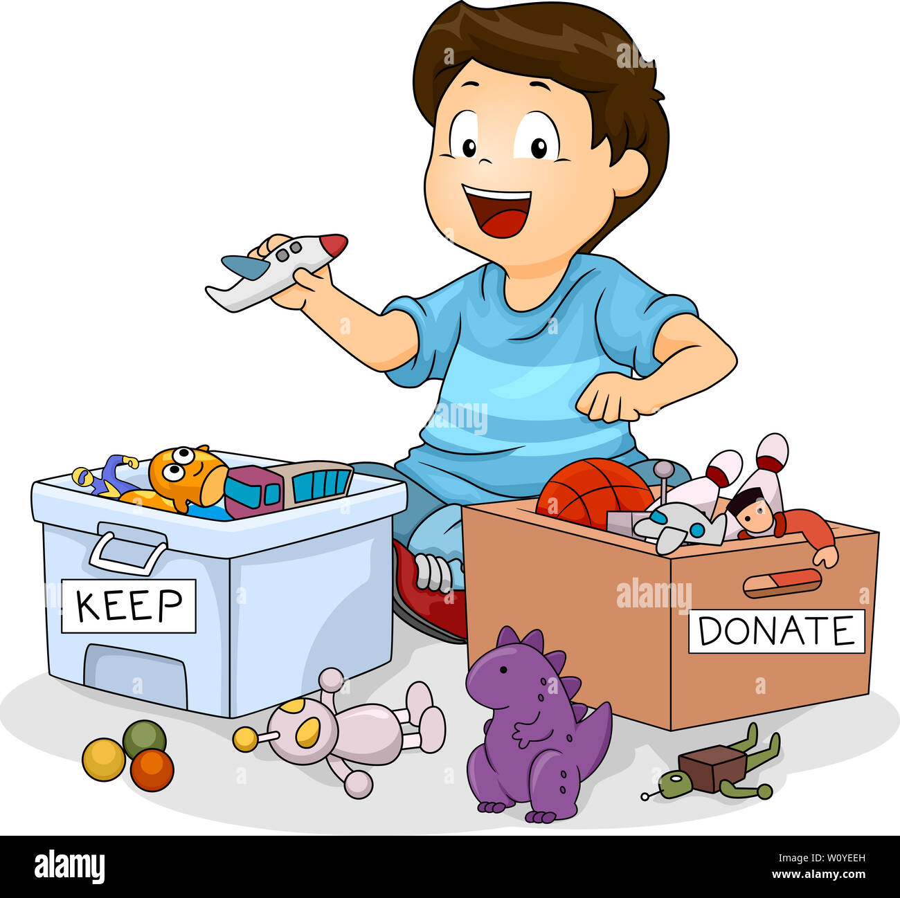 Ilustración de un niño chico ordenar todos sus juguetes entre una y  mantenga un cuadro de donar Fotografía de stock - Alamy