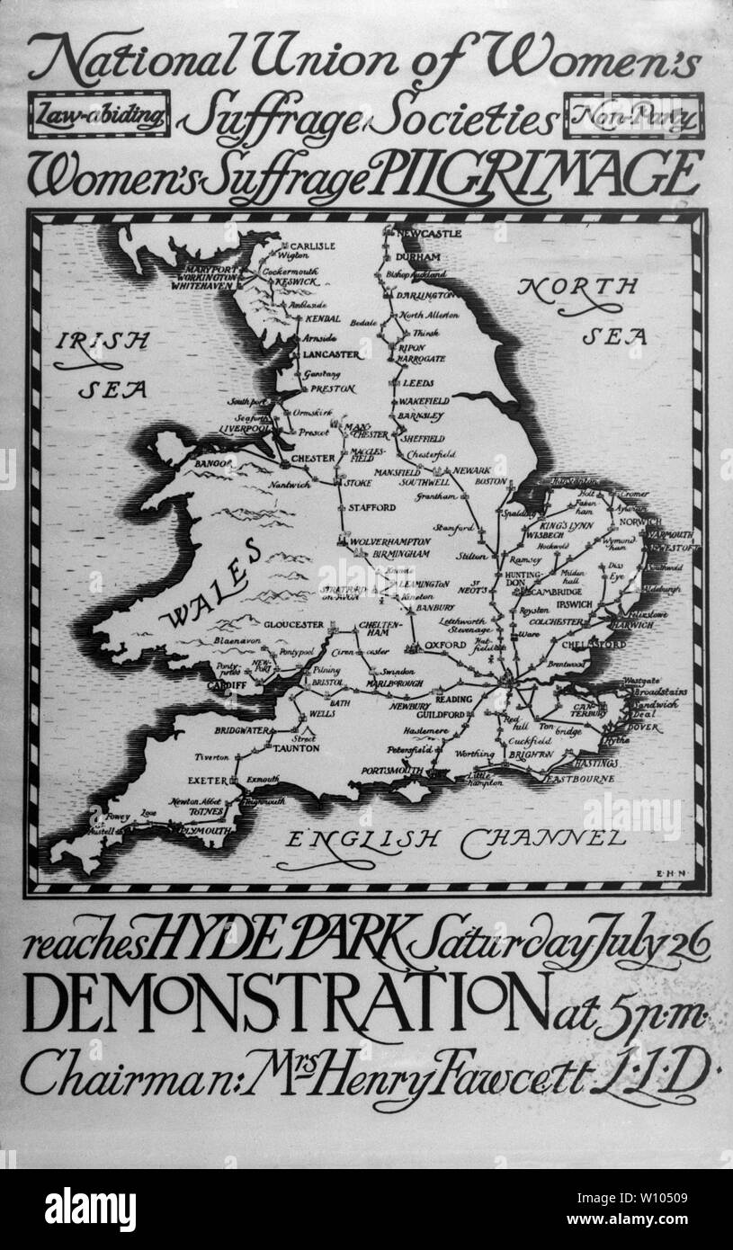 Un mapa que indique la ruta para la gran peregrinación de 1913, una marcha en Gran Bretaña por los sufragantes campaña no violenta para el sufragio femenino, organizada por la Unión Nacional de Sociedades de Sufragio Femenino (NUWSS). Las mujeres marcharon a Londres desde todas partes de Inglaterra y Gales y 50.000 participaron en una concentración en Hyde Park. Foto de stock