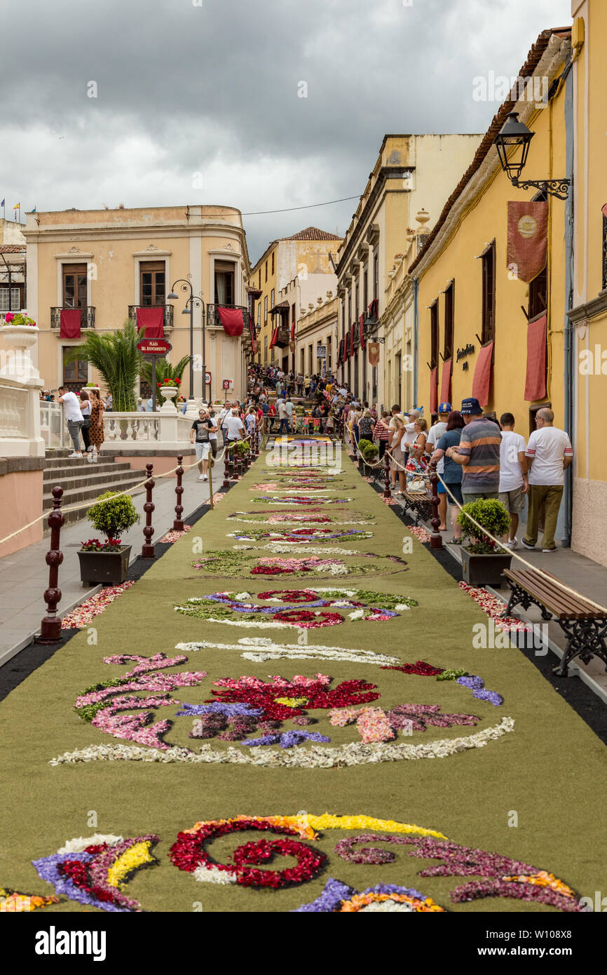 La Orotava, Tenerife, España - 27 de junio de 2019. Hermosas alfombras de  flores en La Orotava, durante la festividad del Corpus Christi. Famoso  evento religioso y la competición de f Fotografía