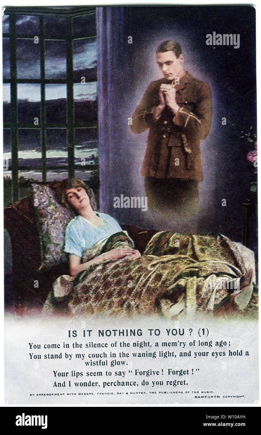 Una guerra mundial una postal con un verso del poema es nada para usted?, una de las tres tarjetas de la serie. Foto de stock