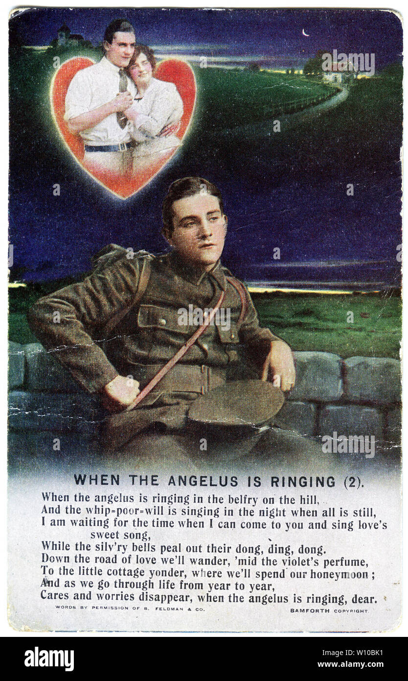 Una guerra mundial una postal con un verso del poema cuando el Ángelus está sonando, uno de tres tarjetas de la serie. Foto de stock