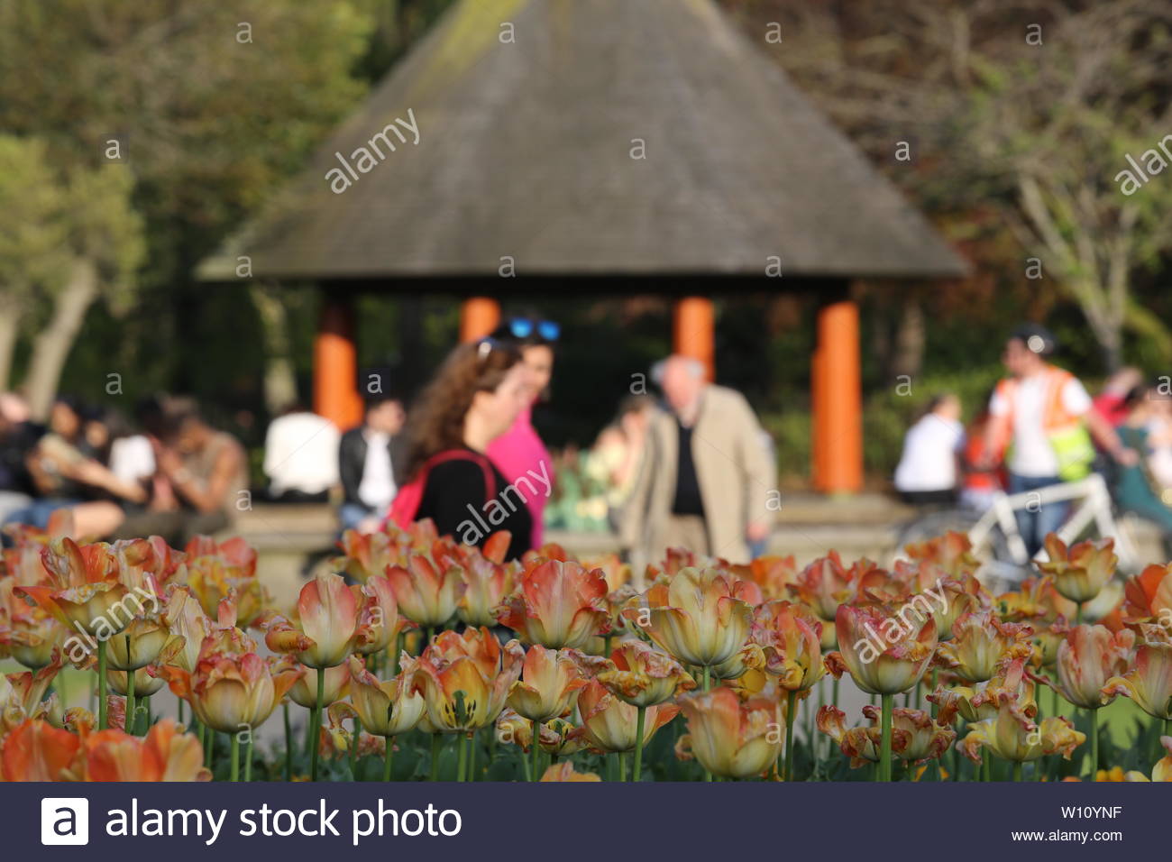 A la vista de la gente descansando en Stephen's Green en Dublin, Irlanda ona día soleado. Foto de stock