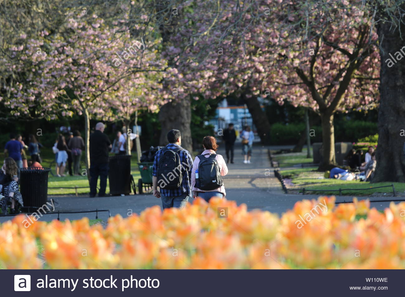 A la vista de la gente descansando en Stephen's Green en Dublin, Irlanda ona día soleado. Foto de stock