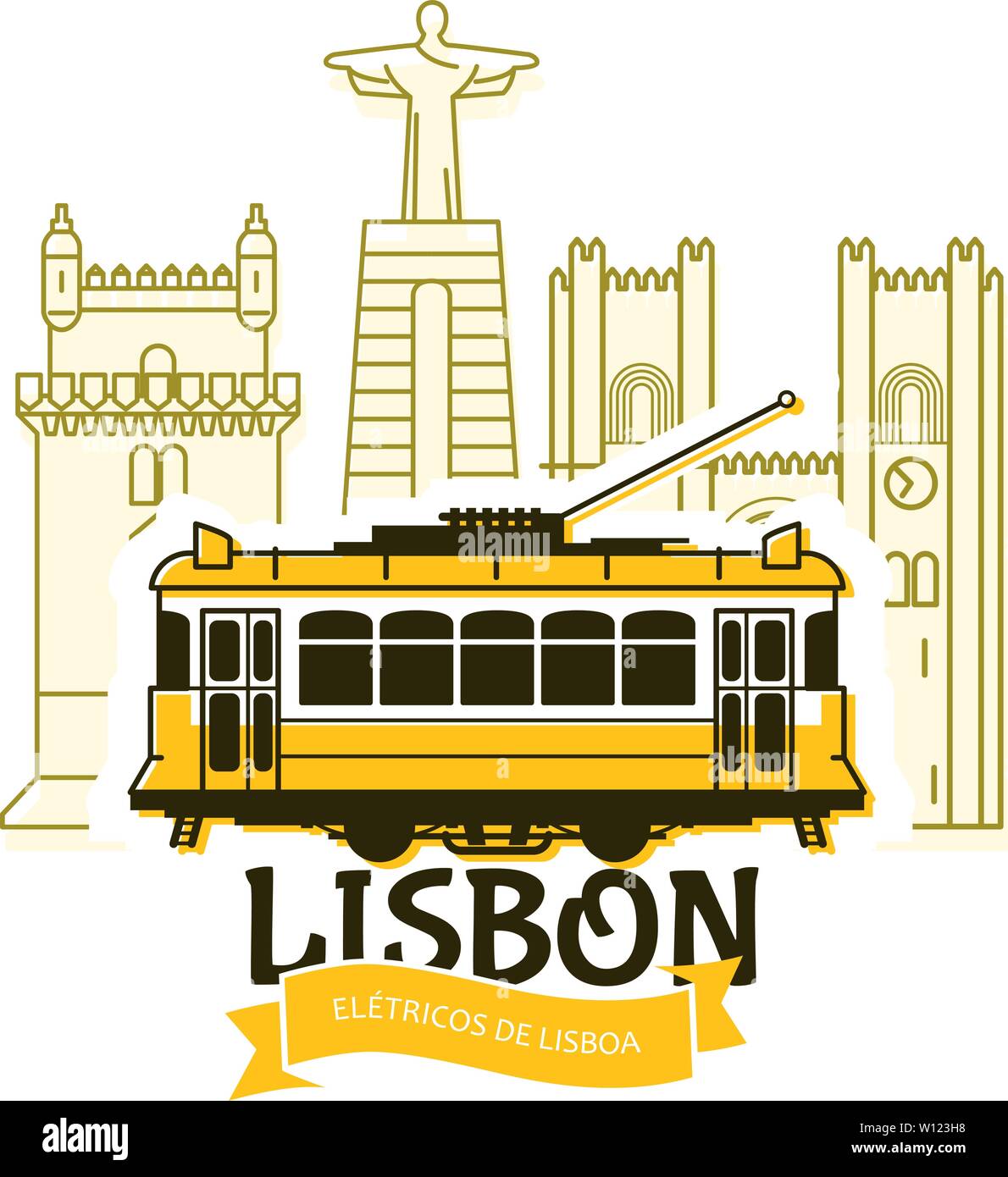 Antiguo tranvía de Lisboa y el paisaje urbano de la ciudad, monumentos de Portugal, Tranvía en Lisboa Ilustración del Vector