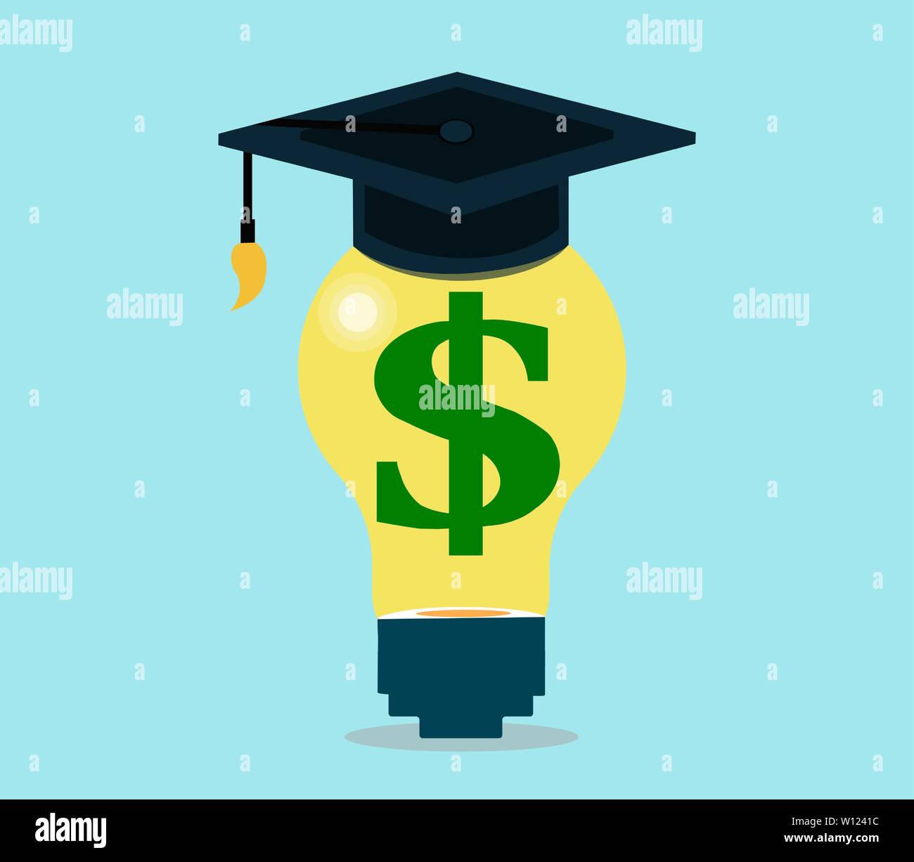 Vector de una graduación de la tapa y una bombilla con el signo del dólar en su interior. Costo de la educación concepto Ilustración del Vector