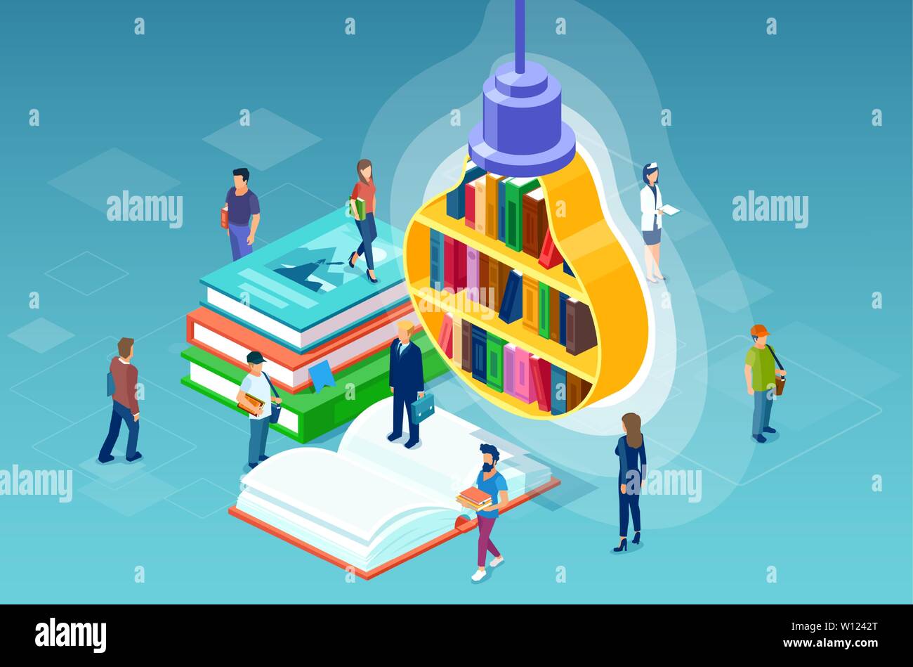 Book Library y el concepto de la educación. Vector de estudiar, leer la  literatura de personas de diferentes profesiones y una estantería en forma  de bombilla Imagen Vector de stock - Alamy