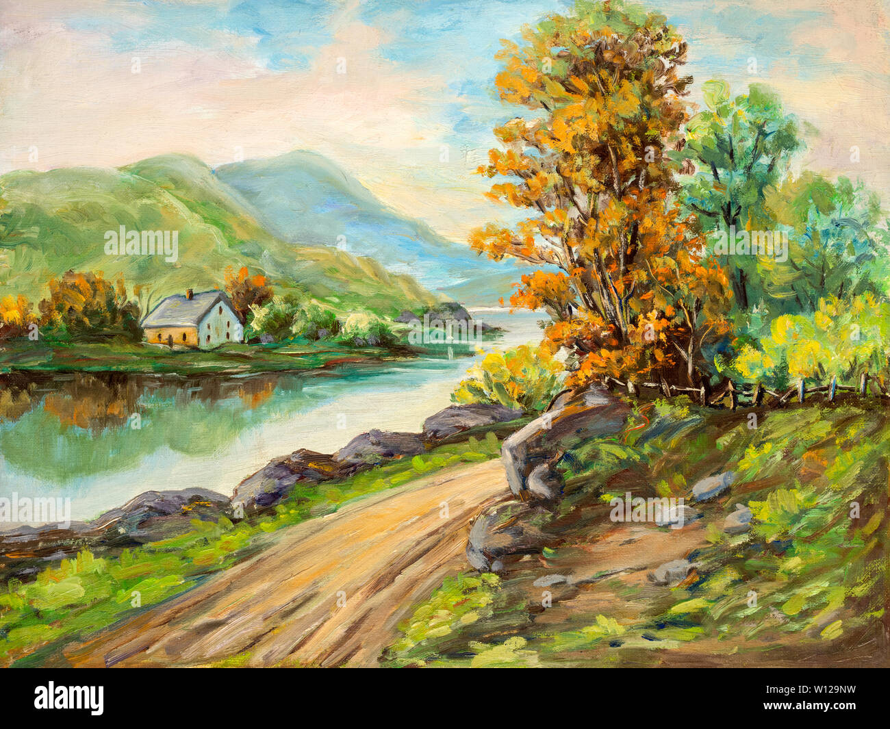 Paisaje de estilo impresionista óleo representando una escena rural. Foto de stock