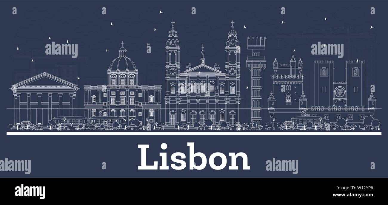 Esquema del horizonte de la ciudad de Lisboa, Portugal con edificios blancos. Ilustración vectorial. Viajes de negocios y turismo concepto con la arquitectura histórica. Ilustración del Vector