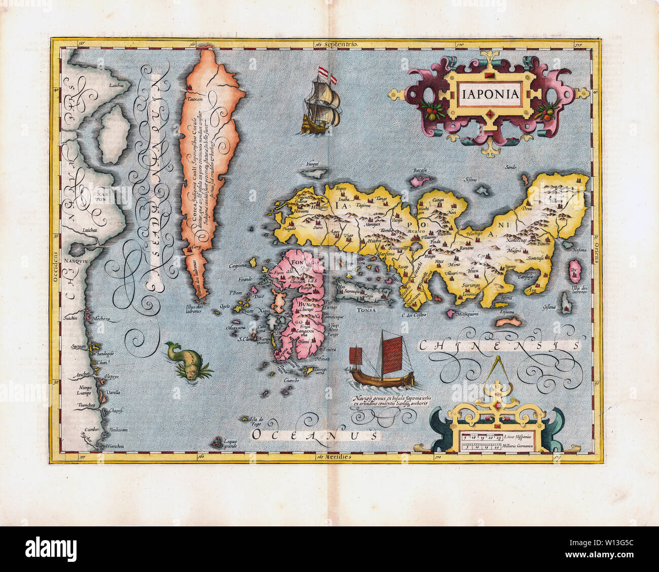 [ 1600 Japón - Mapa de Japón y Corea ] - Iaponia. Mano de color cobre-grabado el mapa de Japón c1606 por Gerardus Mercator (1512-1594) y de Jodocus Hondius (1563-1612). Corea está todavía creía que era una isla. Este mapa es considerado un hito en la cartografía de Japón. Vintage del siglo xvii grabado. Foto de stock