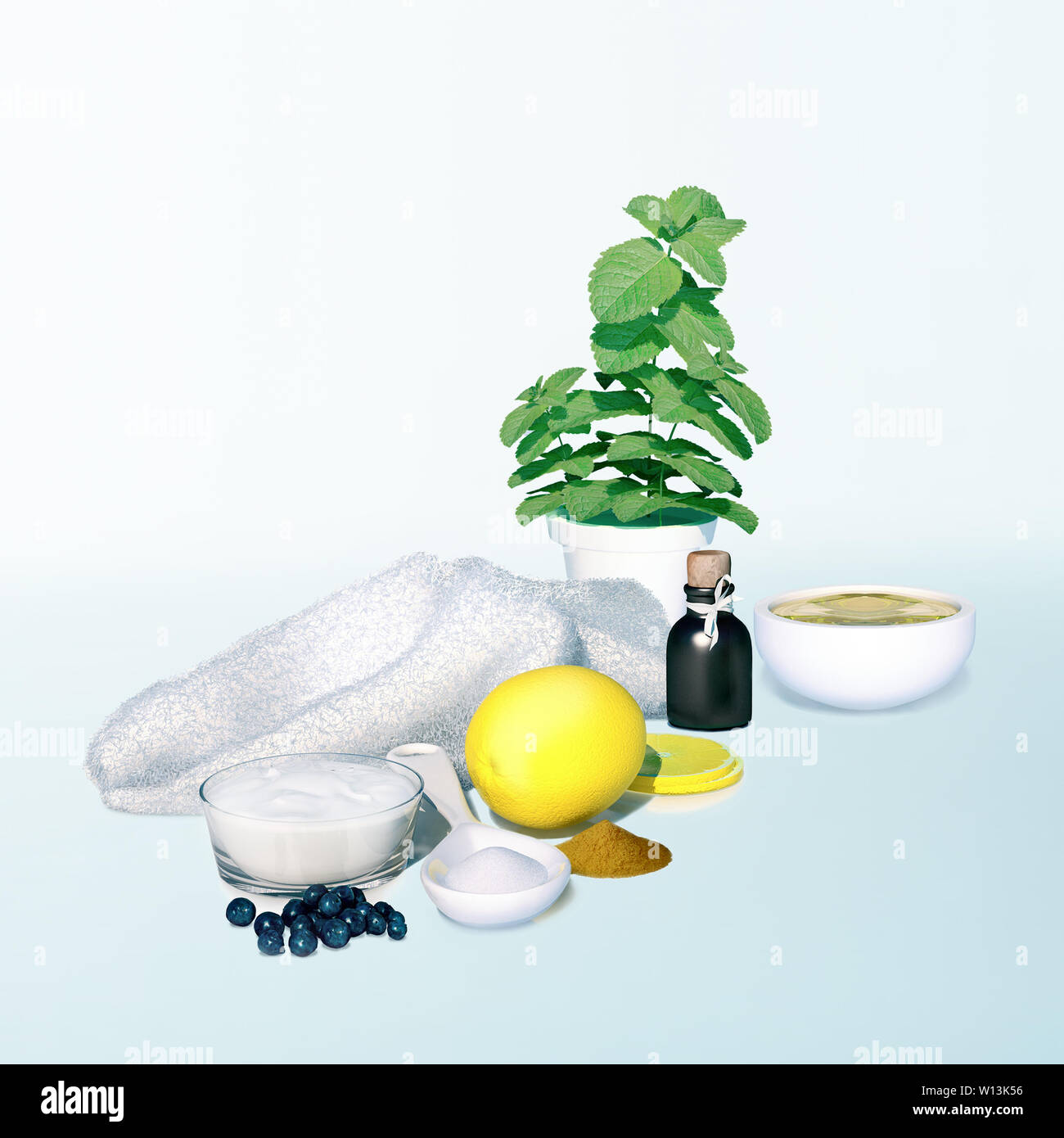 Spa bodegón con menta y productos cosméticos sobre fondo gris claro. Foto de stock