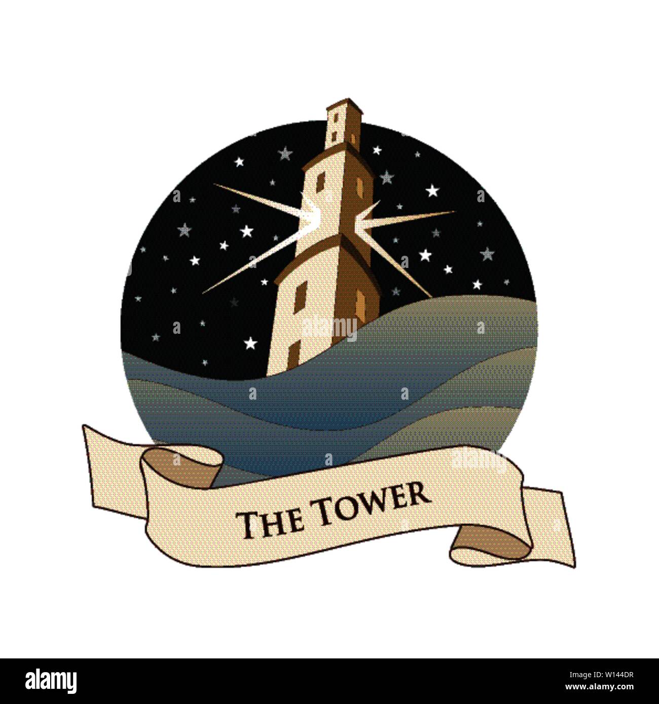 Gran emblema Arcanos Tarot Tarjeta. La torre. Gran torre de mar  embravecido, durante una noche estrellada, aislado sobre fondo blanco  Imagen Vector de stock - Alamy