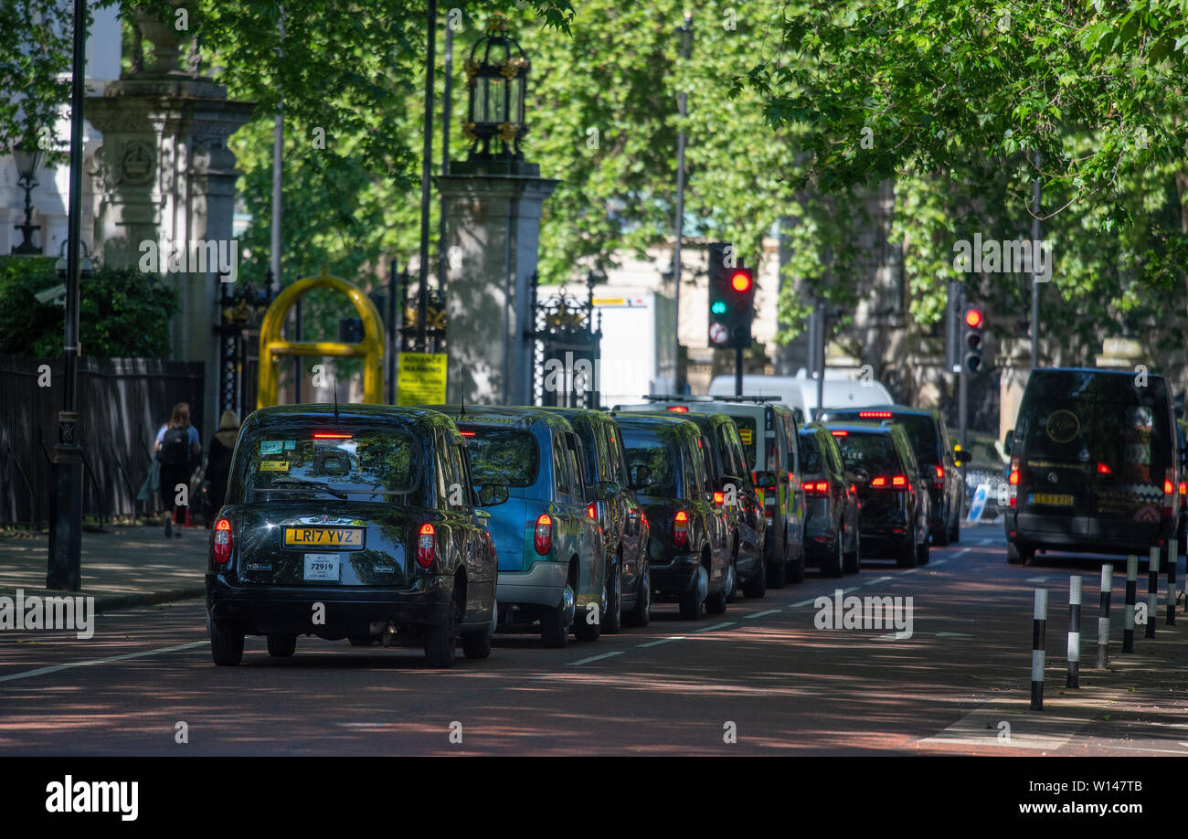 Larga Línea de taxis en el extremo occidental del Paseo de jaula de perico en Londres central, parado en el semáforo. Foto de stock