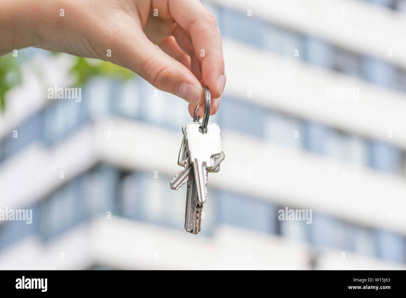 Una mano sostiene las llaves de un apartamento que se ha comprado con telón de fondo de un edificio de varias plantas y hojas verdes de un árbol en el área