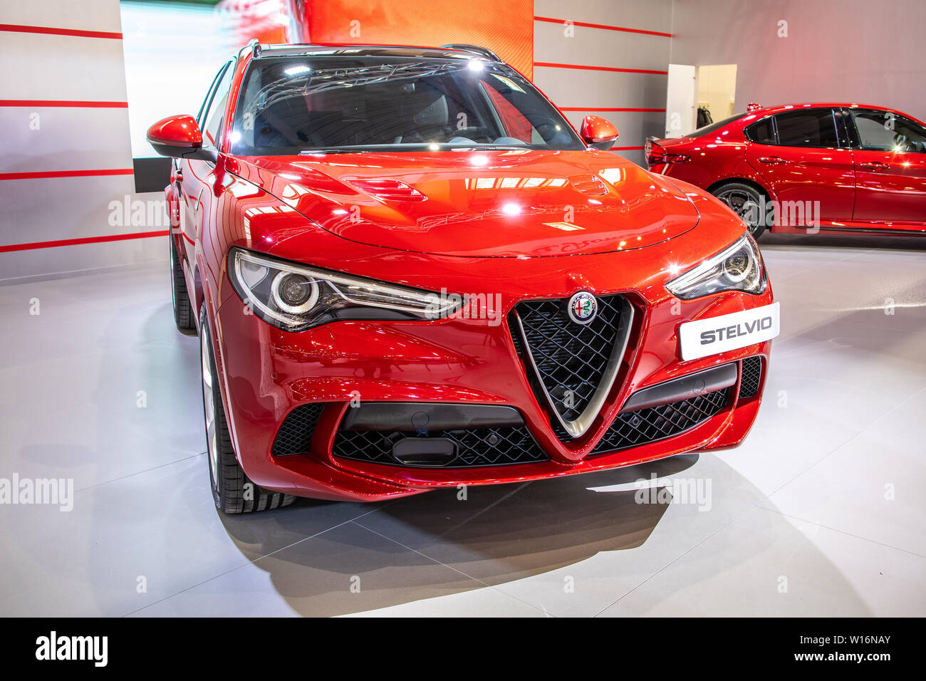 Poznan, Polonia, de marzo de 2019 Alfa Romeo Stelvio, Poznan International Motor Show, Tipo 949, motor delantero, tracción total (AWD), crossover SUV fabricado por Alfa Romeo Foto de stock