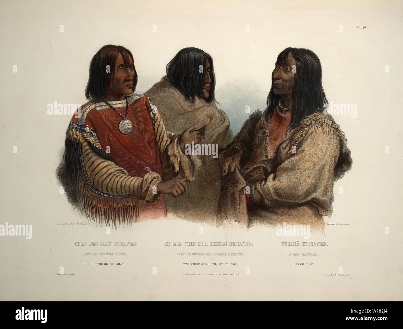 Jefe de la War-Chief Blood-Indians; de los indios; Koutani Piekann Indio - Karl Bodmer aguatinta de viajes en el interior de América del Norte Foto de stock