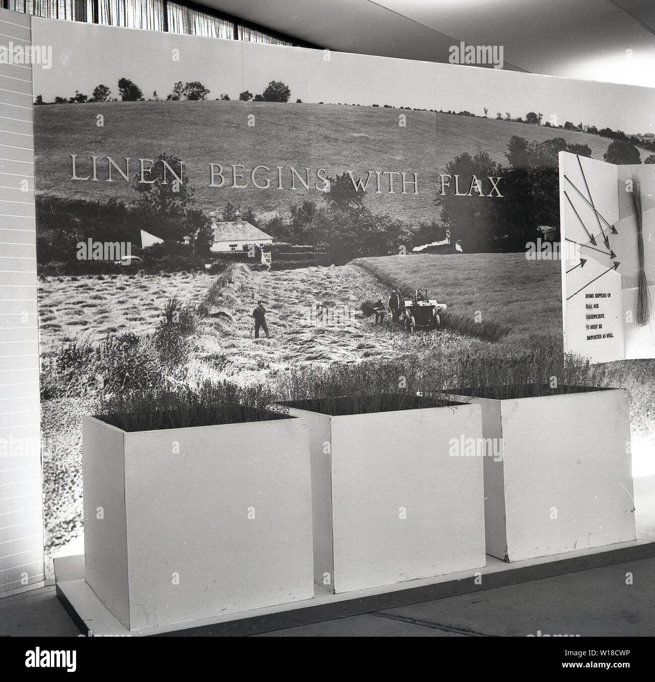 1960, histórica, la pantalla stand promocional para Lino irlandés en Irlanda del Norte show agrícola con el título ' comienza con LINO lino', subrayando la calidad de lino irlandés procede de la calidad del lino, en el momento de un importante cultivo de alimentos y fibras en el país y que había crecido en Irlanda desde el siglo 11. Foto de stock