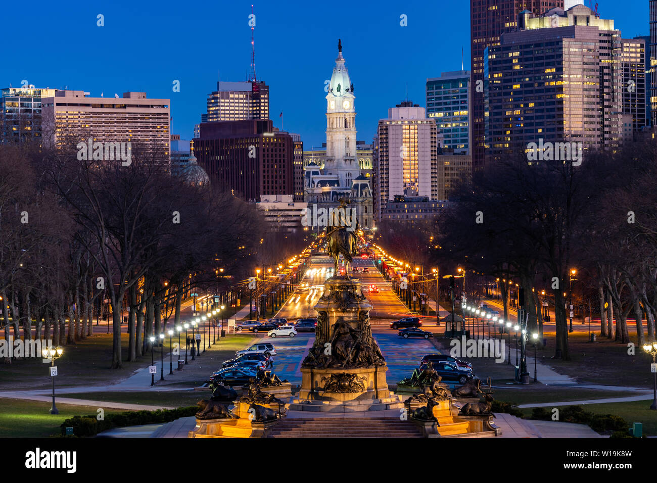 Philladelphia Ayuntamiento Torre del Reloj en Philladelphia, Pennsylvania, Estados Unidos. Sunset Foto de stock