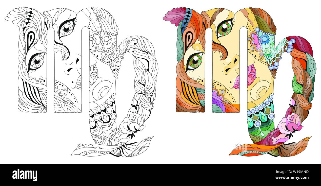 Virgo Signo Del Zodiaco Astrologia Concepto Art Diseno De Tatuaje Color Y Esquema Establecido Imagen Vector De Stock Alamy