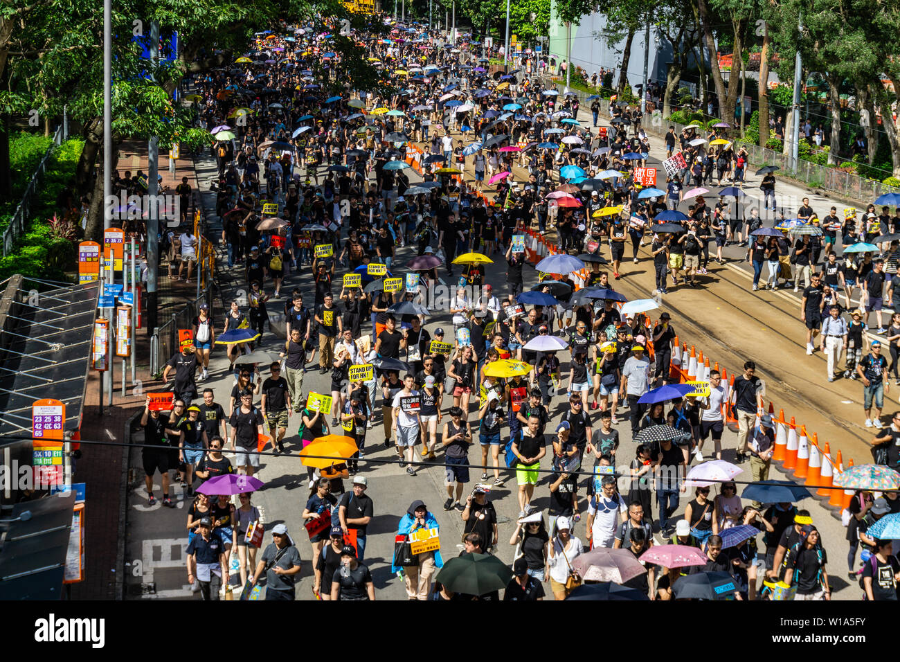 La Ley de extradición de 2019 Hong Kong marcha de protesta el 1 de julio, los manifestantes llevar paraguas para protegerse contra el sol abrasador Foto de stock