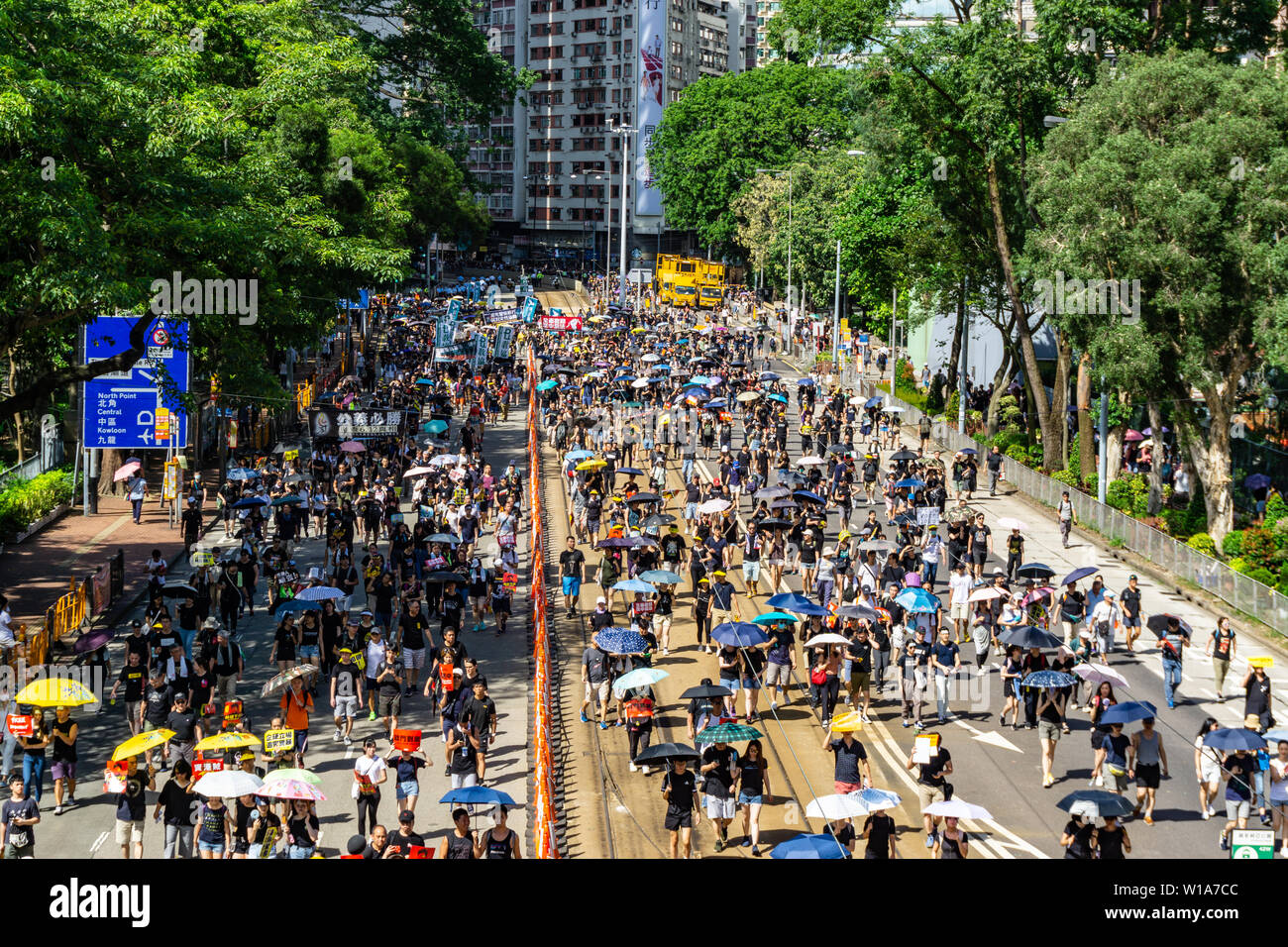 La Ley de extradición de 2019 Hong Kong marcha de protesta el 1 de julio, los manifestantes llevar paraguas para protegerse contra el sol abrasador Foto de stock