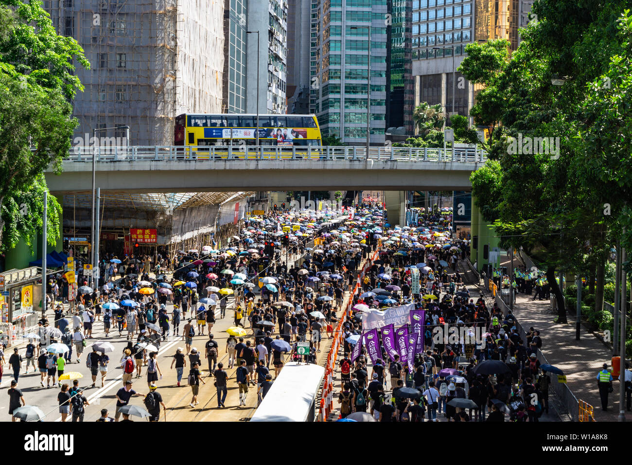 La Ley de extradición de 2019 Hong Kong marcha de protesta el 1 de julio, los manifestantes llevar paraguas para protegerse contra el sol abrasador Foto de stock