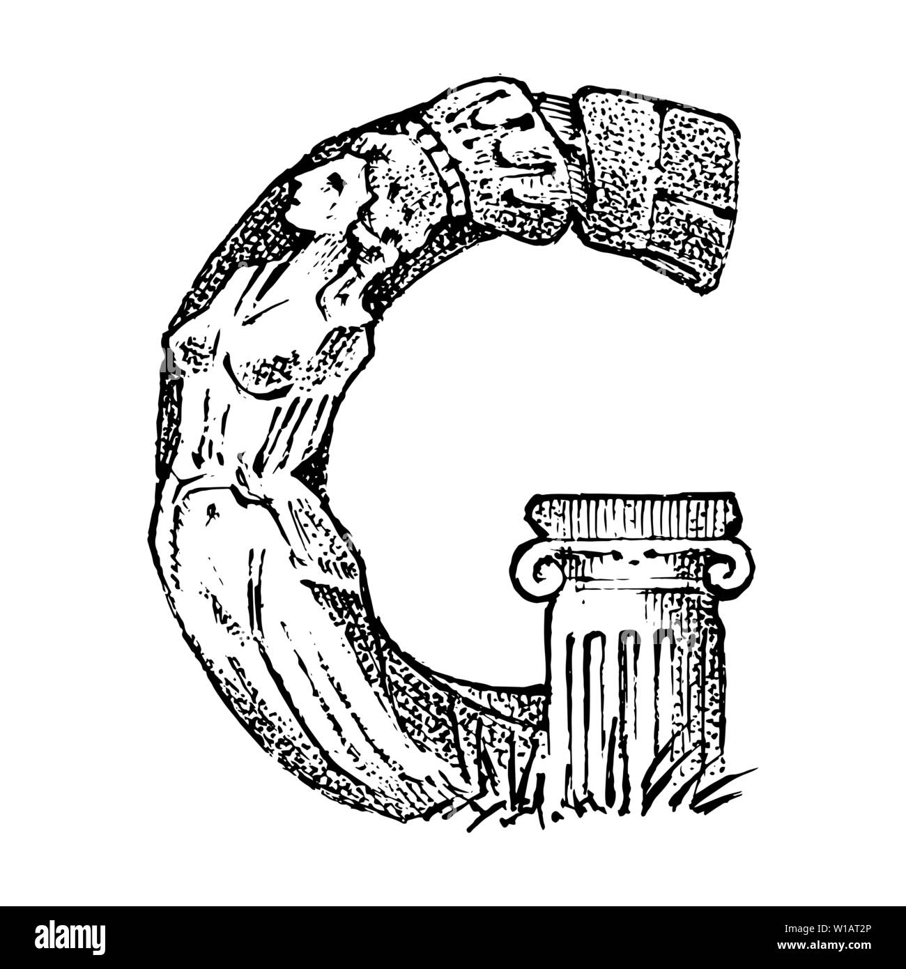 Antigua Antigua capital letra G con ornamento. La cultura griega. Doble exposición. Sketch grabado dibujado a mano en estilo vintage. Ilustración del Vector