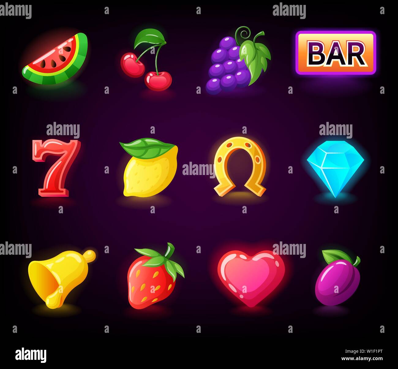 Ranuras colorido conjunto de iconos para la máquina tragaperras de casino, juegos de azar Ilustración del Vector
