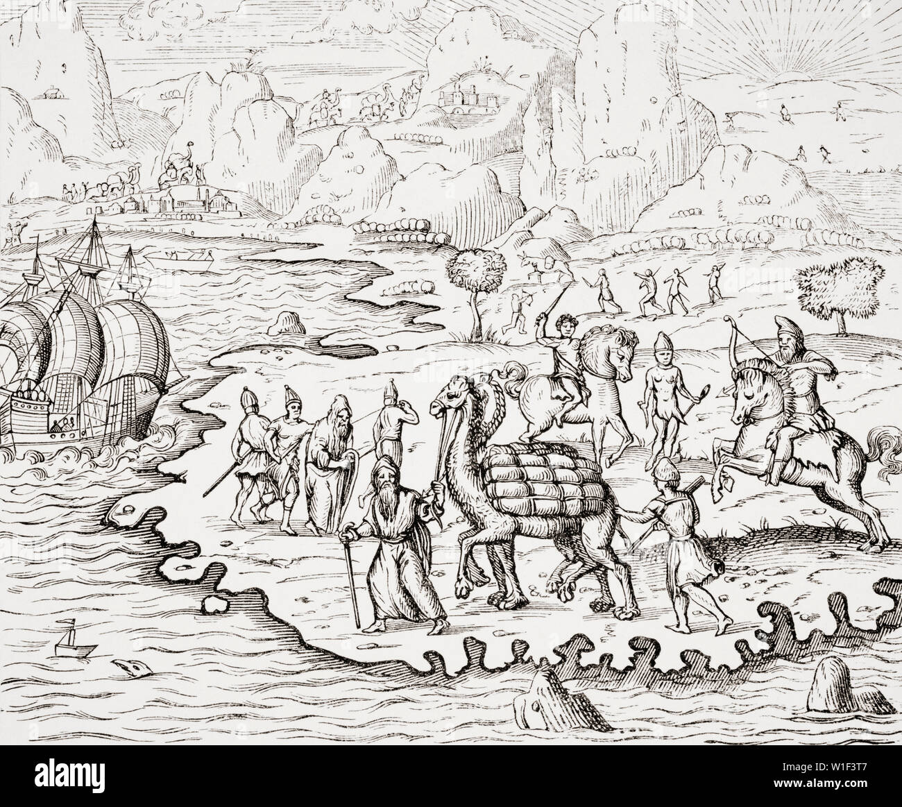 Transporte de Mercancías a lomos de los camellos. Reproducción del siglo XIX de una xilografía en la Cosmographie Universelle de Thevet edición de 1575 Foto de stock