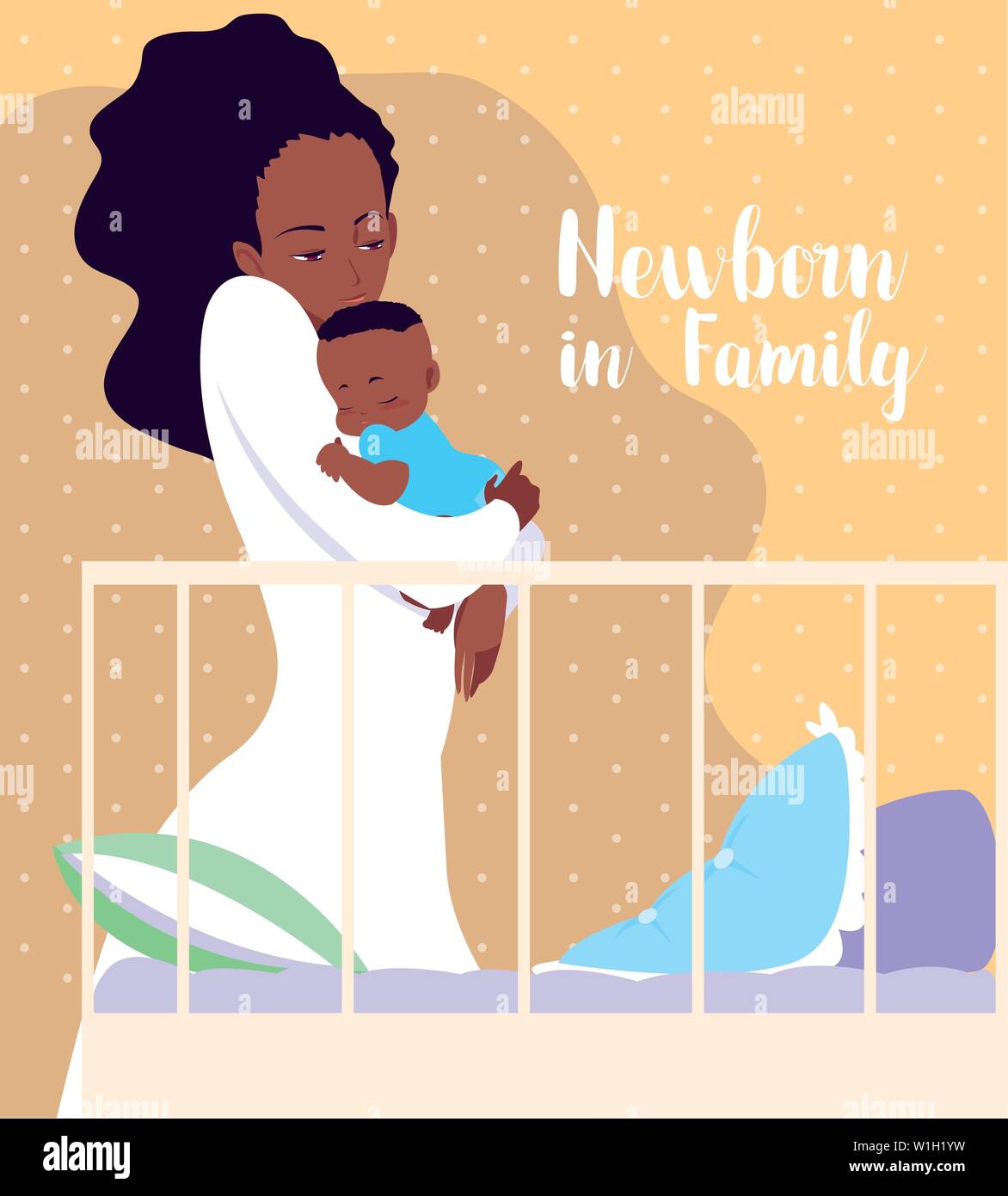 Nacido En Familia Con Tarjeta Madre Afro Y Bebe Durmiendo En Cuna Diseno Ilustracion Vectorial Imagen Vector De Stock Alamy