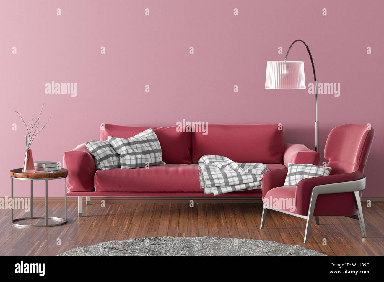 Interior del salón moderno de color rosa con paredes y suelos de madera.  Tejido rojo sofá, mesa de café, lámpara de piso con jarrón y libros y  alfombra de pieles. Ilu 3d