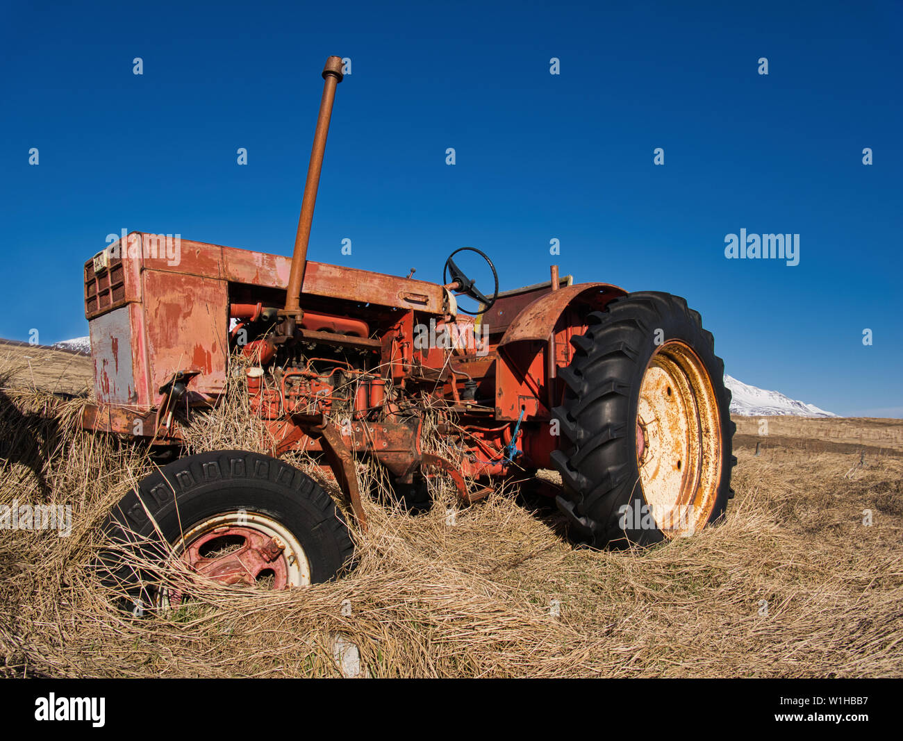 Un viejo tractor rojo está de pie sobre una pradera marrón en la hierba alta Foto de stock