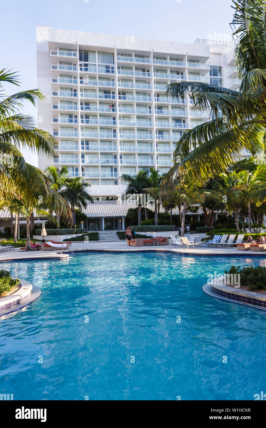 Fort Ft. Lauderdale, Florida, Hilton Fort Lauderdale Marina, hotel, piscina, lujo, resort, huésped, chaise longue, sombrilla, tomar el sol, tropical, palmeras, relajarse, nadar, Foto de stock