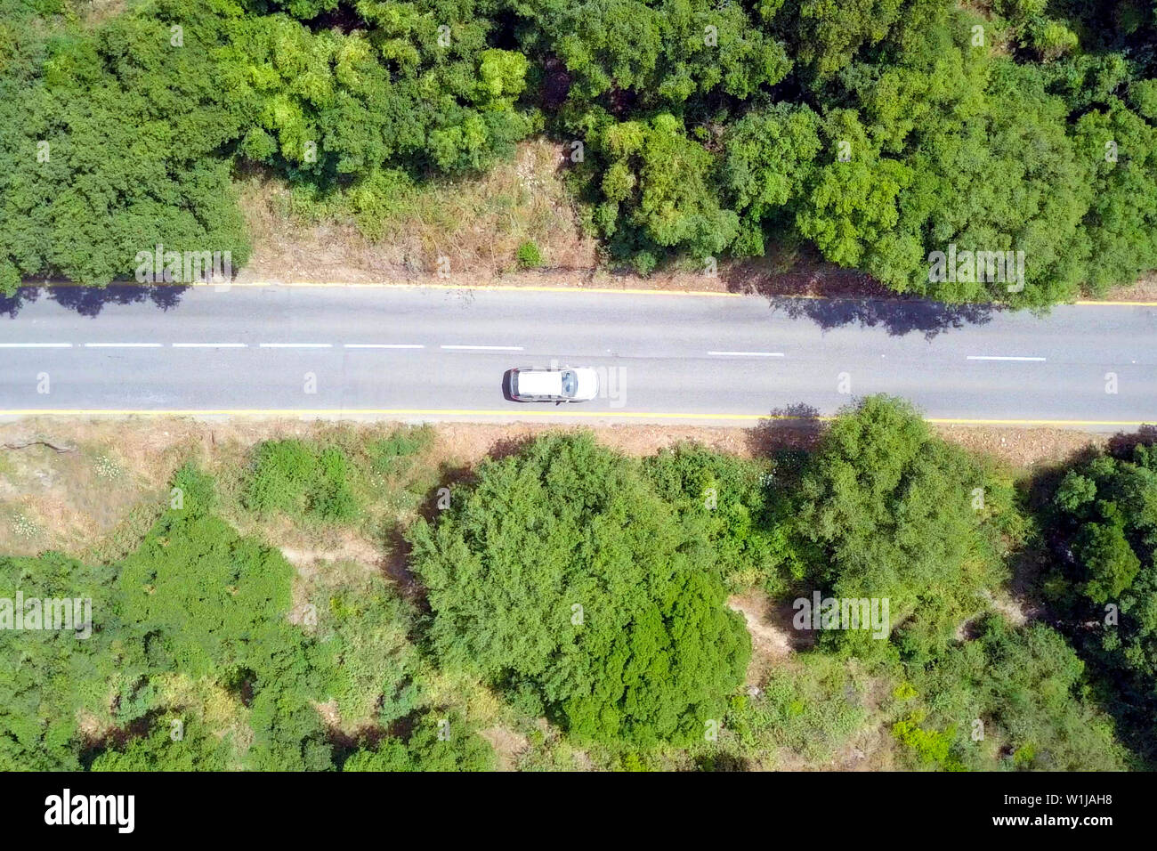 Imagen aérea del tráfico en una carretera forestal de montaña. Foto de stock