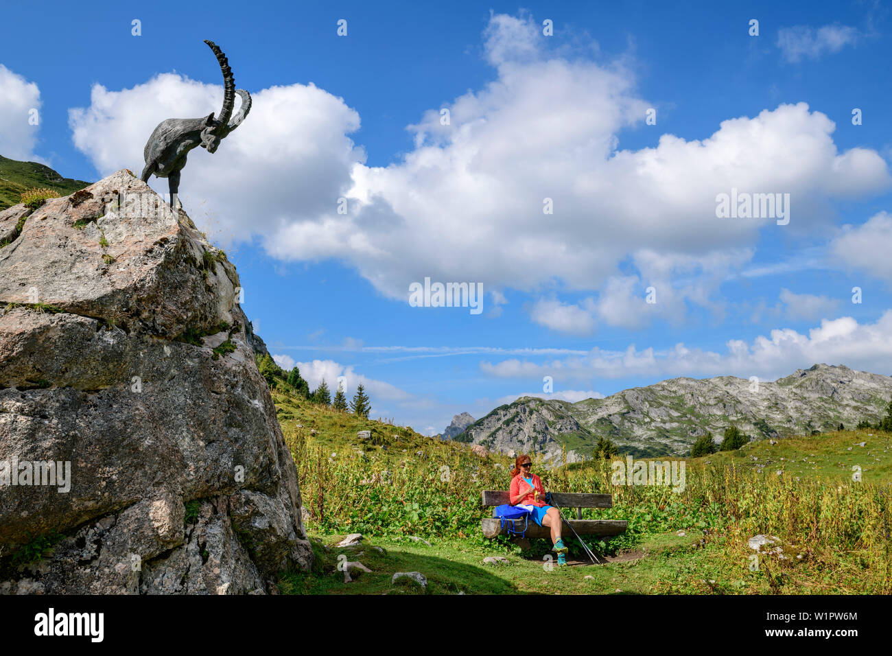 Mujer mientras senderismo se sienta en el banco, Capricornio escultura está al lado, Lech rocas fuente, lechweg montañas, Vorarlberg, Austria Foto de stock