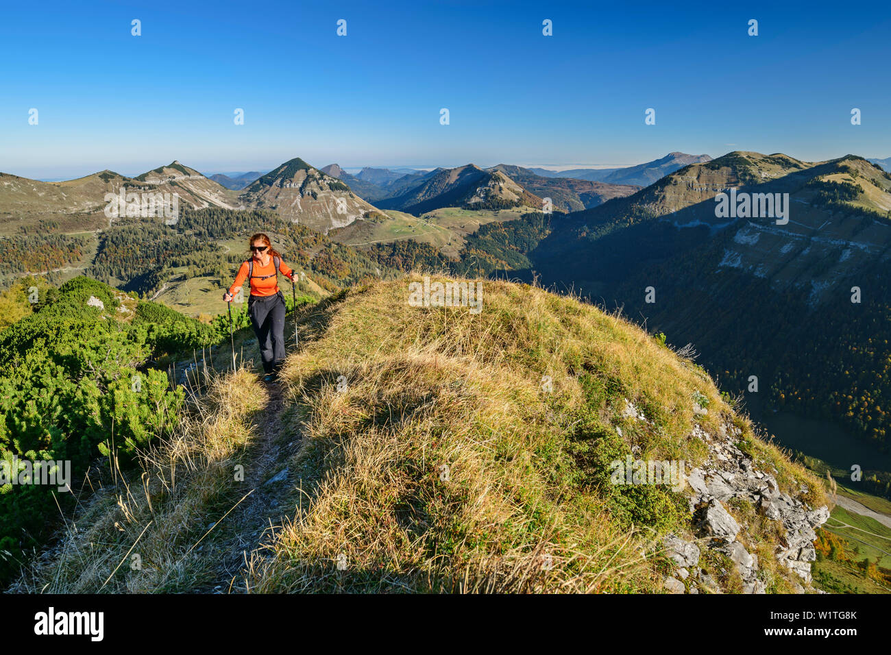 Mujer Hochwieskopf senderismo ascendiendo hacia las montañas de Salzkammergut, en el fondo, desde Hochwieskopf, Salzkammergut, Salzburgo, Austria Foto de stock