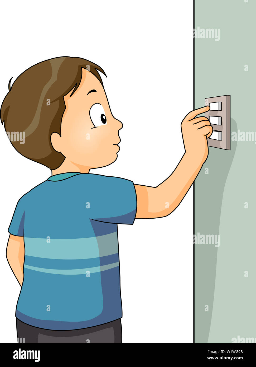 Ilustración de un niño chico girar un interruptor luminoso de encendido