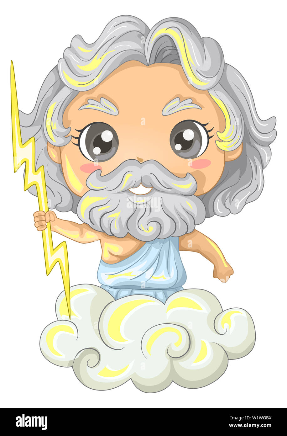 Ilustración de un niño niño usando el dios griego Zeus sosteniendo un rayo y cabalgando una nube Foto de stock