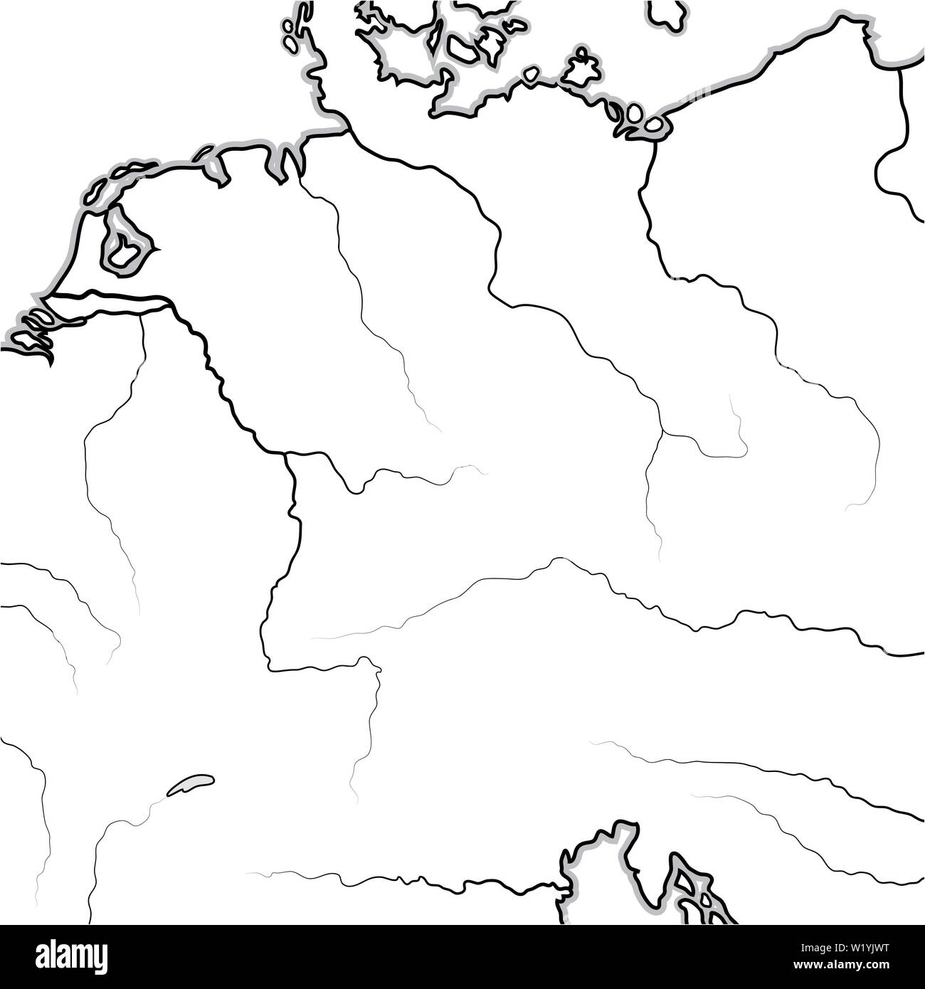 Mapa de las tierras alemanas: Alemania (Deutschland), Alemannia (Allemagne), Franconia, Baviera, Sajonia, Turingia, Westfalia, Teutonia, Prusia, Austria. Foto de stock