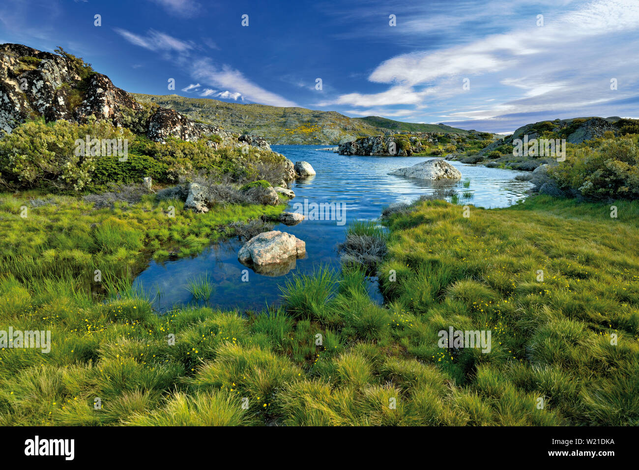 El verde paisaje de montaña con lago y rocas de granito Foto de stock