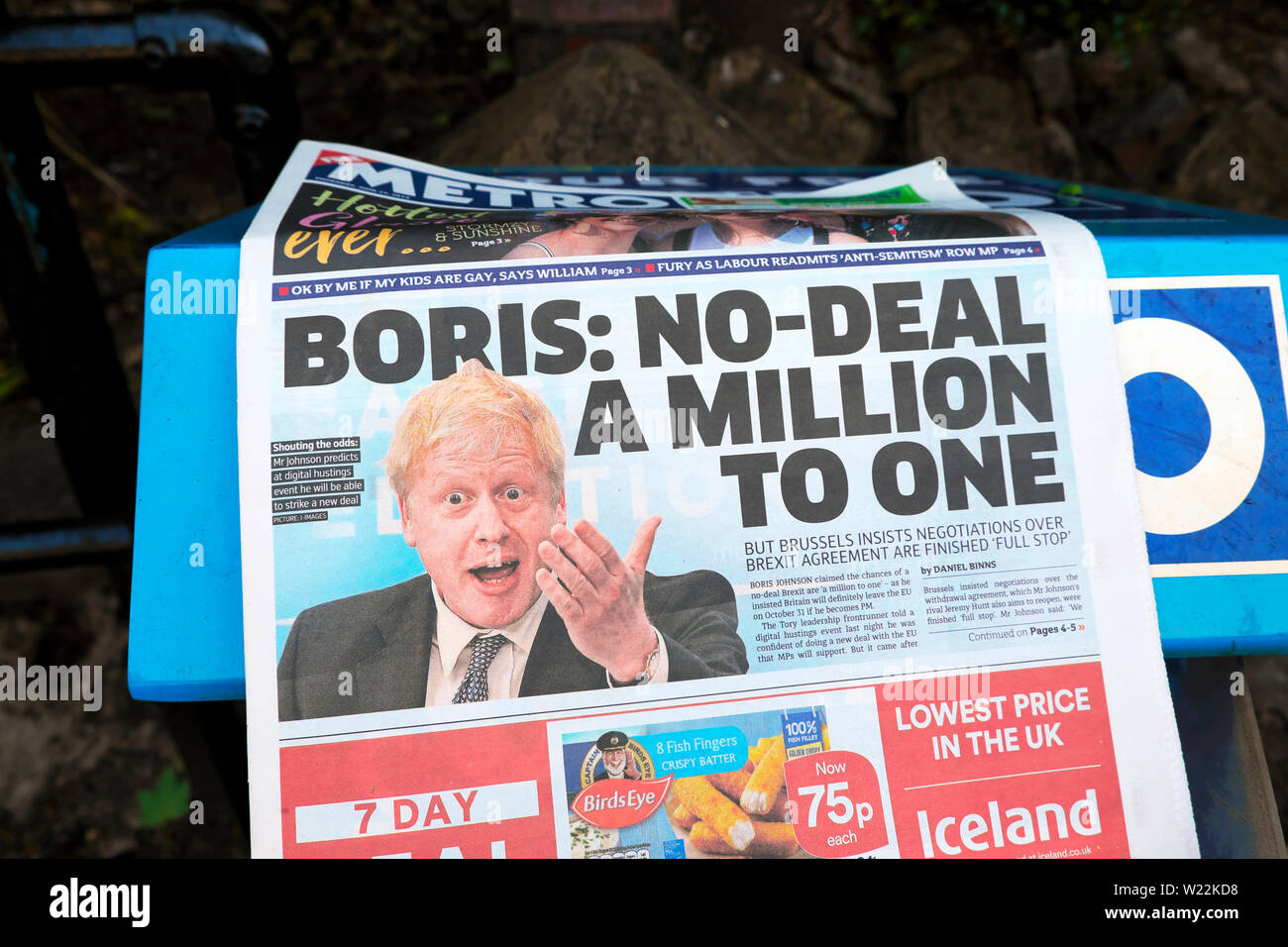 'Boris: No-Deal un millón a uno' Metro Newspaper Brexit titular de página frontal de papel británico en Londres, Inglaterra, Reino Unido el 27 de junio de 2019 Foto de stock