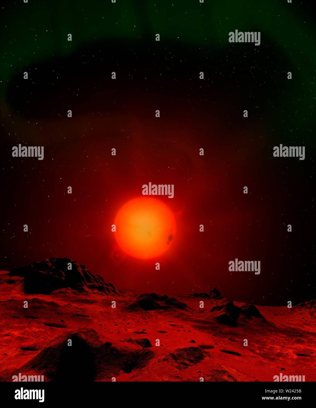 Ilustración de una estrella enana roja visto desde la superficie de un  mundo en órbita. Las enanas rojas son las estrellas más comunes en el  universo. Como el sol que un Fotografía